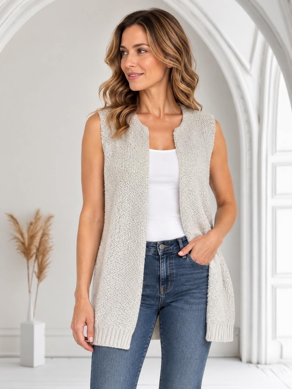 Sleeveless Bouclé Open-Front Vest Cardigan in Light Cream